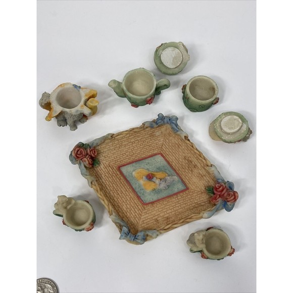 Prissy Kitties Ceramic Miniature Tea Set Tray Trinket Lot Cat Floral Hat Doll - Picture 3 of 9